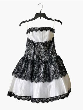 Jessica McClintock Dress Womens Size 6 Black White Prom Short Lace Strapless Y2K